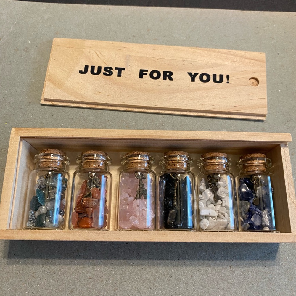 Mini Gemstone Vial Set in Wooden Box. Size is 2 by 5 inches